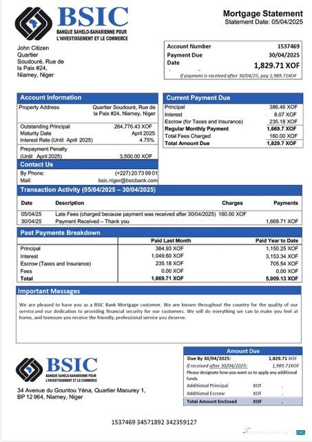 Download Niger BSIC Bank mortgage statement Word and PDF template Photoshop template